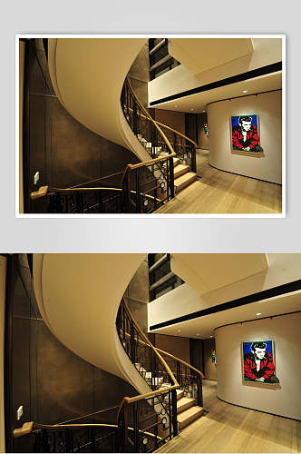 旋转实木扶梯挂画新中式室内图片