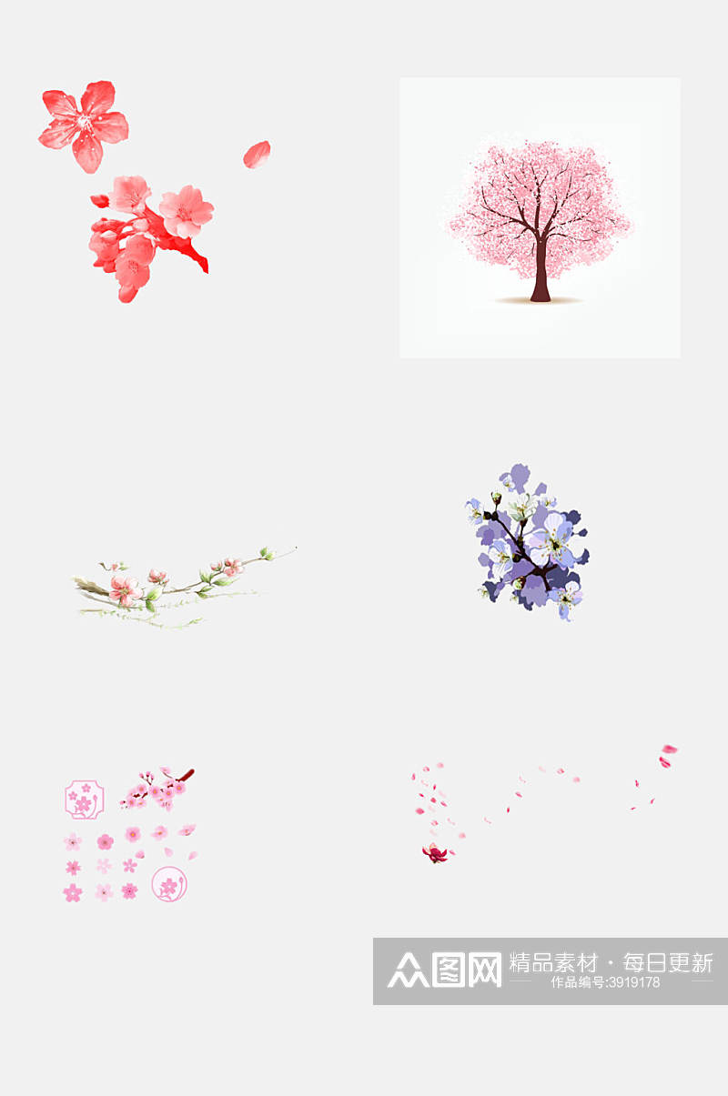 卡通治愈粉紫樱花花朵手绘免抠素材素材