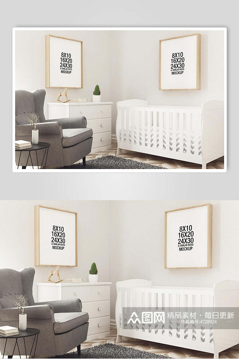 英文字母沙发婴儿床白相框样机素材