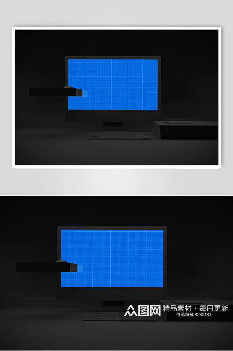 立体蓝色电脑笔记本屏幕贴图样机素材