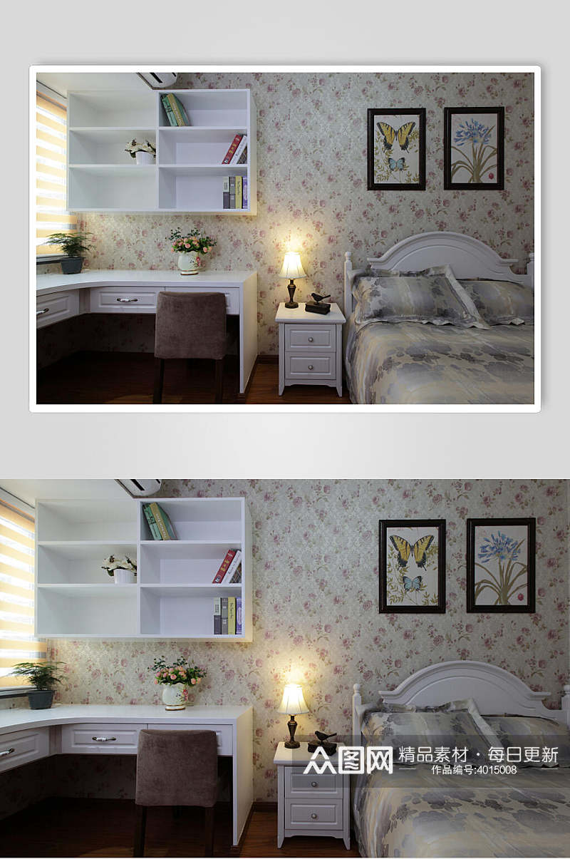 碎花壁纸白色书柜美式二居室图片素材