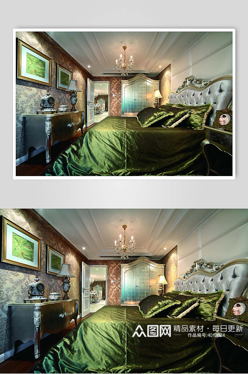 被子壁画大气绿法式二居室案例图片素材