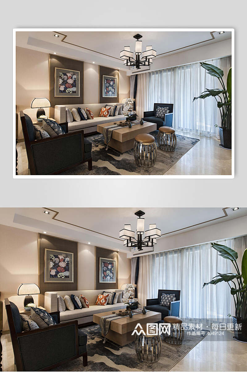 现代风布艺组合沙发新中式大户型图片素材