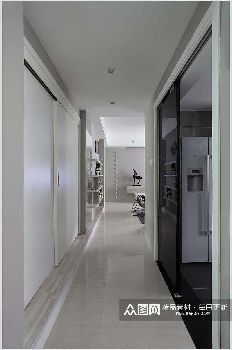 白色走廊黑色推拉门现代简约三居图片素材
