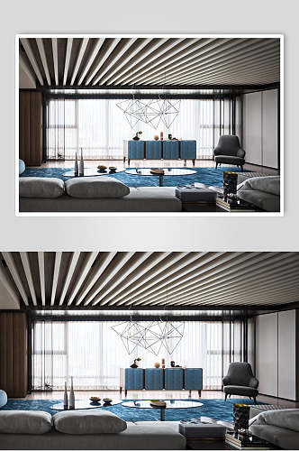 条框吊顶蓝色毛毯电视背景墙设计图片