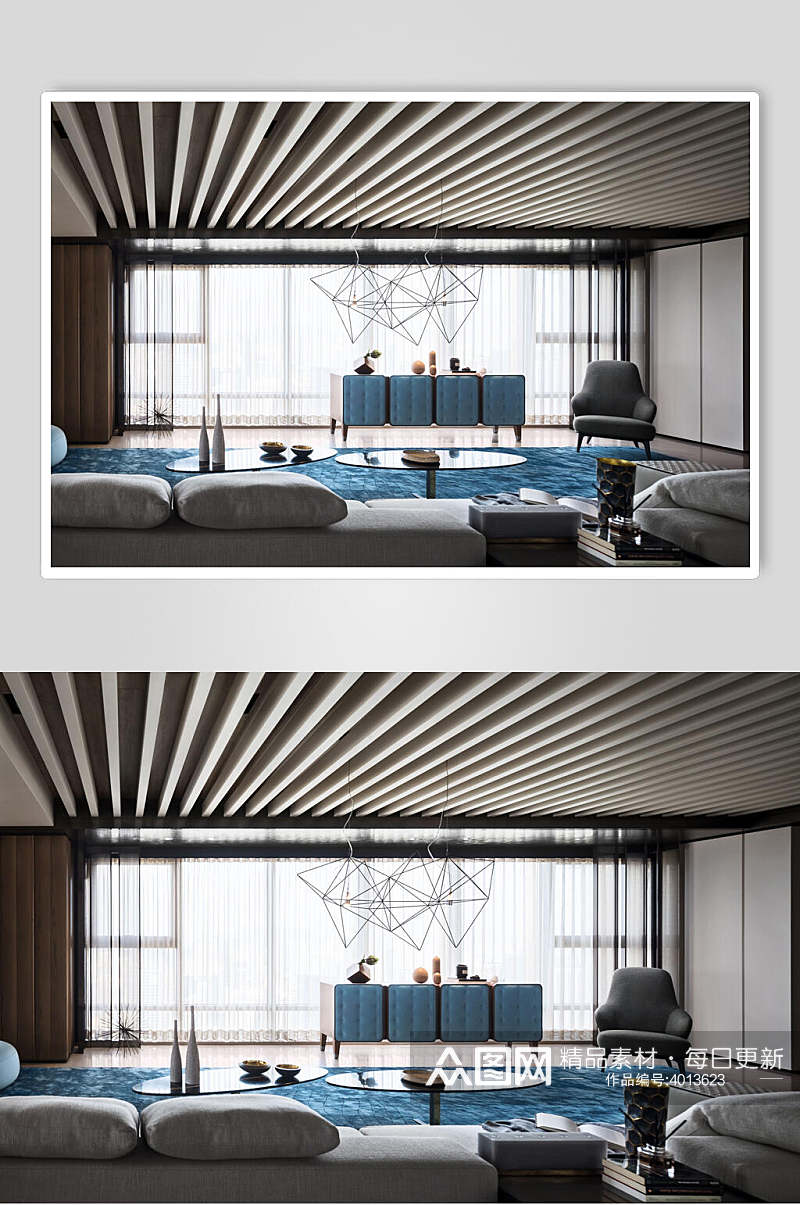 条框吊顶蓝色毛毯电视背景墙设计图片素材