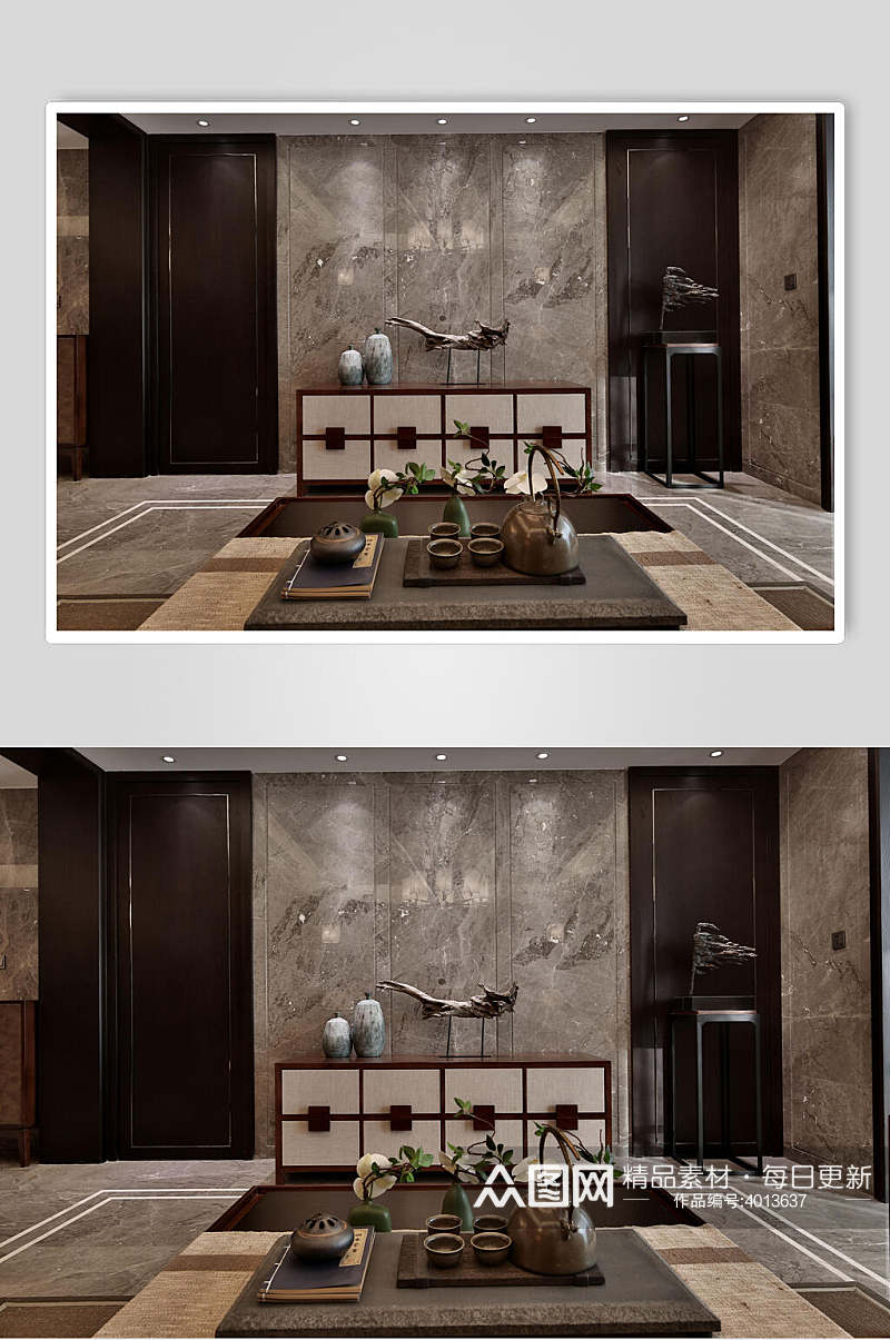 大理石纹墙茶具电视背景墙设计图片素材