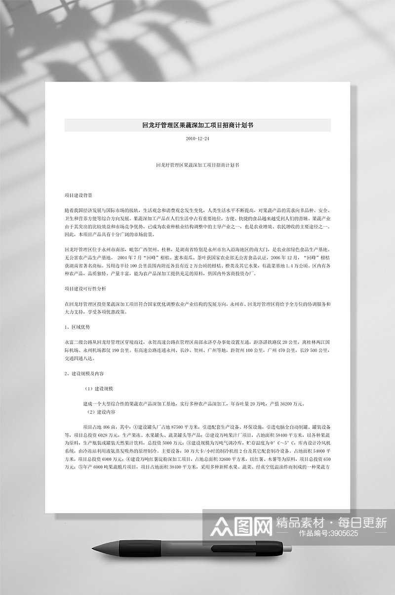 回龙圩管理区果蔬深加工项目招商计划书WORD素材