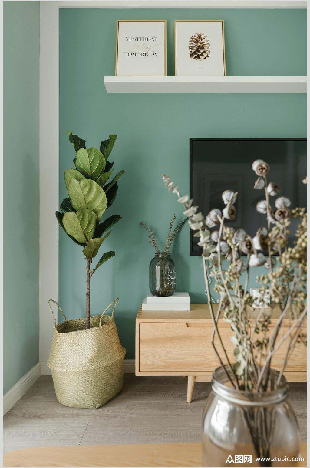 绿色墙面绿植电视背景墙设计图片素材