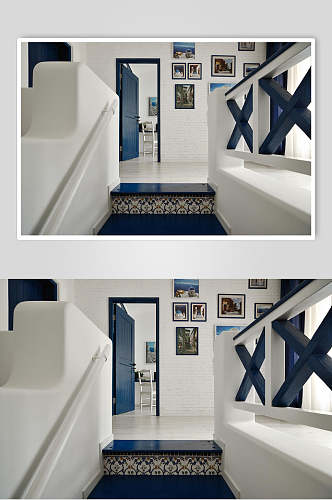 地中海蓝色复古花纹拼接台阶复式跃层室内设计图片