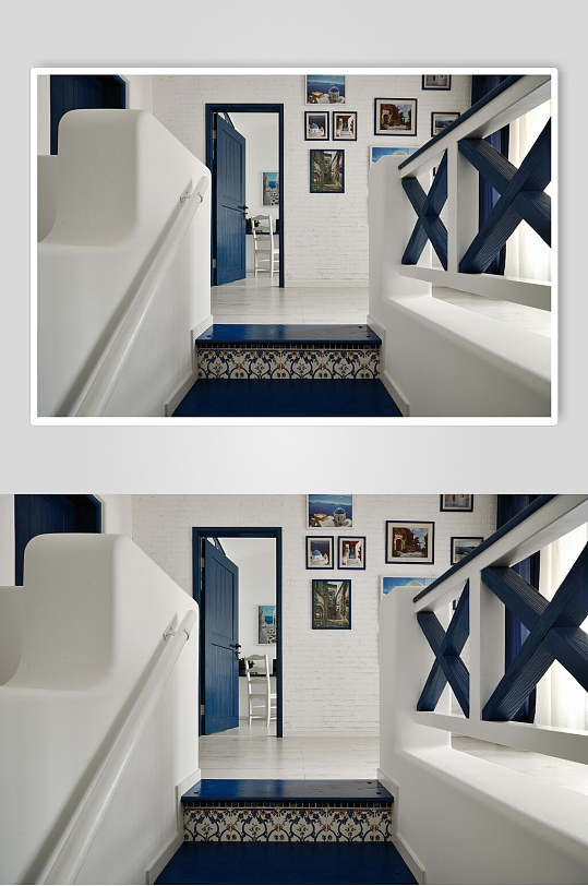 地中海蓝色复古花纹拼接台阶复式跃层室内设计图片