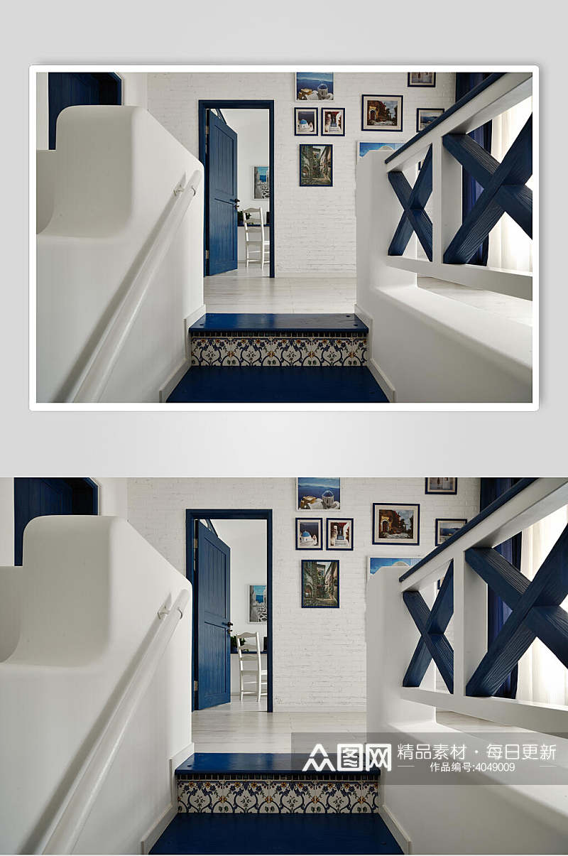 地中海蓝色复古花纹拼接台阶复式跃层室内设计图片素材
