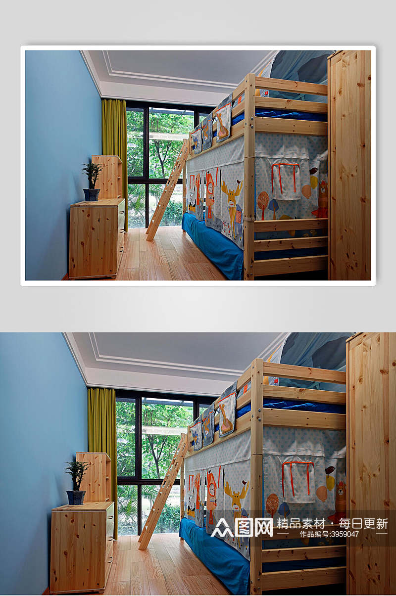 可爱双人床柜子儿童房装修设计图片素材