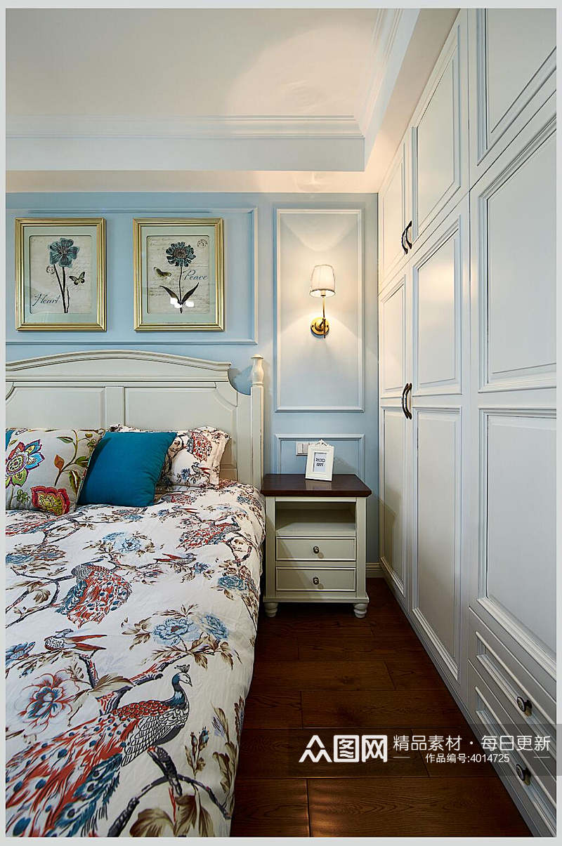 蓝色墙面白色衣柜卧室美式三居图片素材