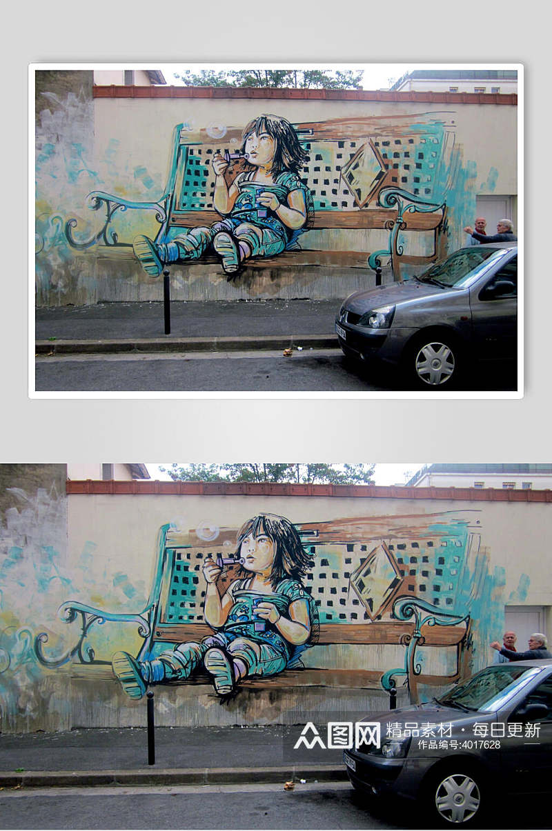 卡通蓝色女孩街头墙面涂鸦图片素材