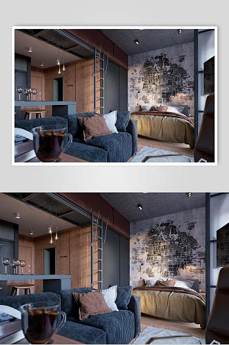 现代慵懒风蓝色懒人沙发迷你公寓图片