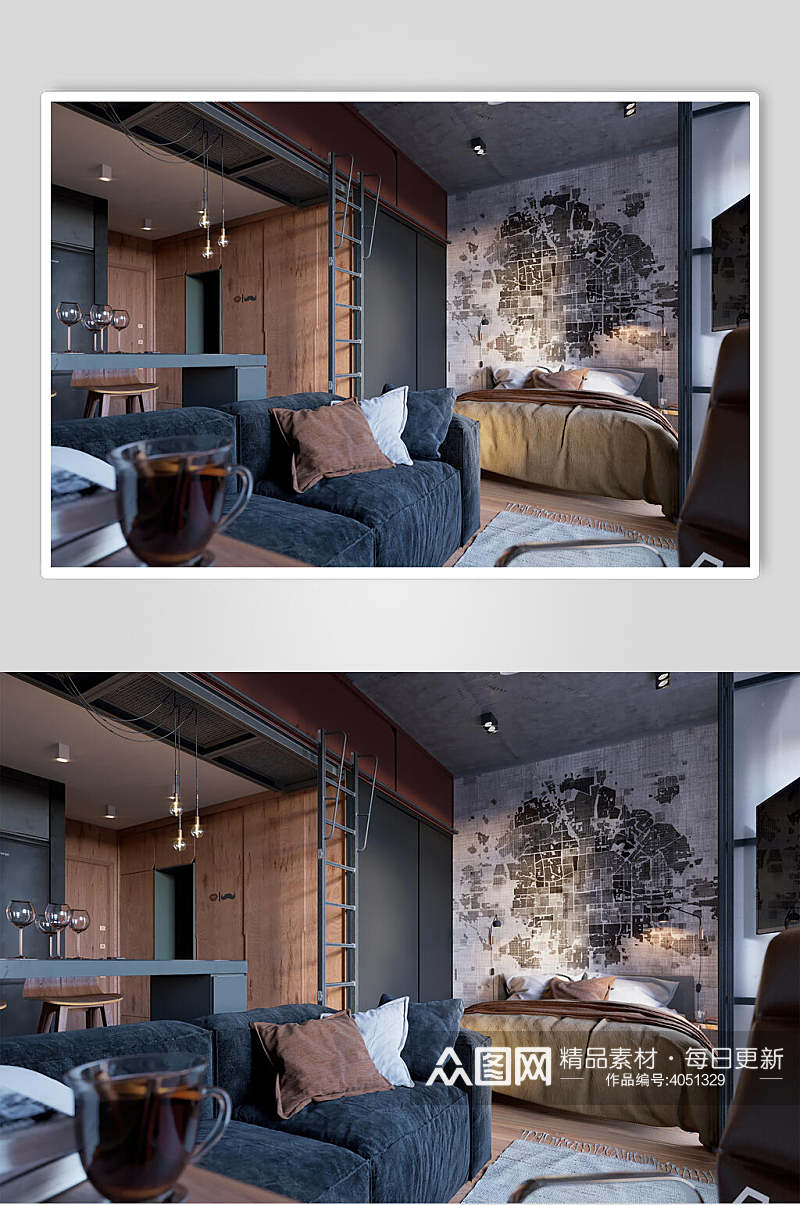 现代慵懒风蓝色懒人沙发迷你公寓图片素材