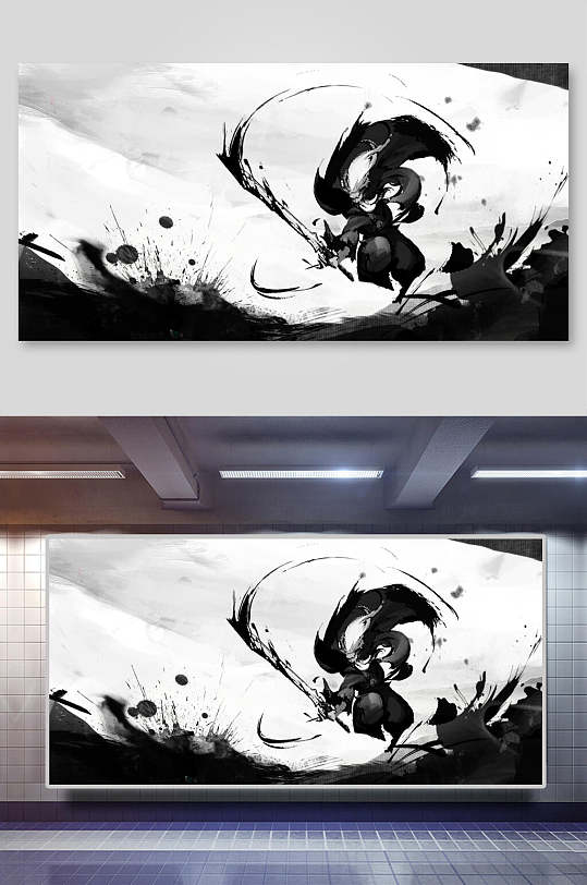 水墨黑白高端创意江湖武侠人物插画