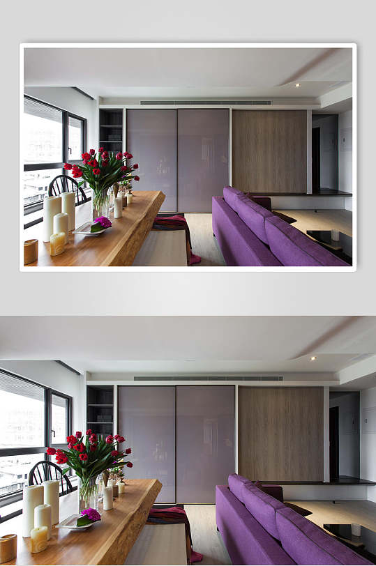 木质纹理桌红花紫色沙发台式二居室图片