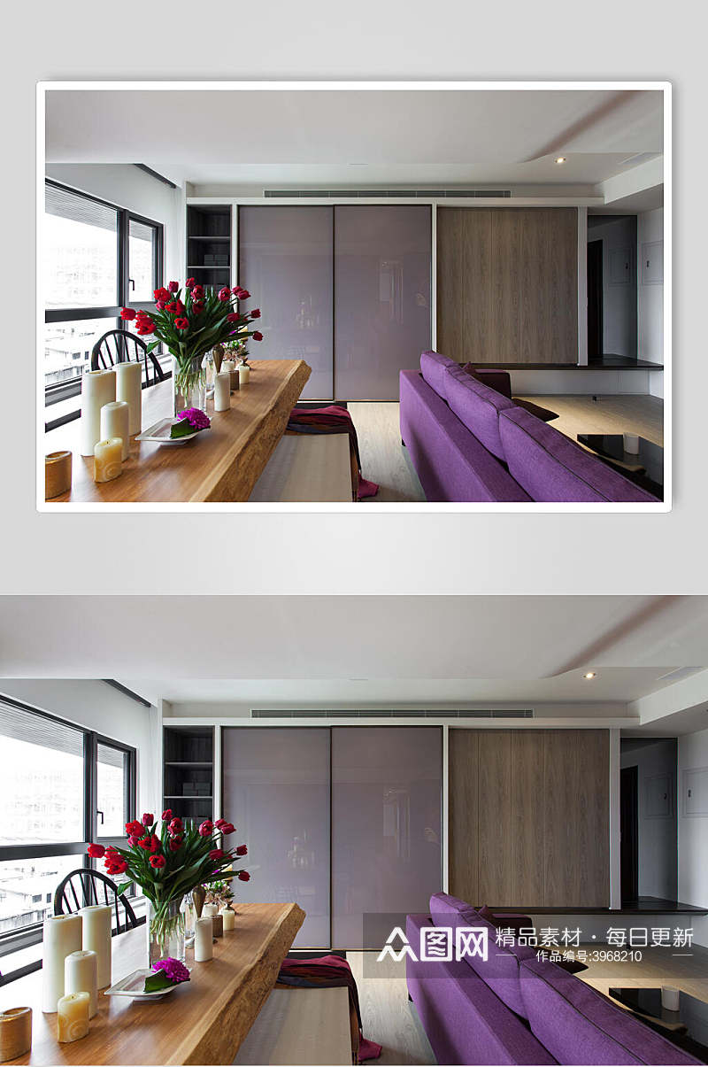 木质纹理桌红花紫色沙发台式二居室图片素材