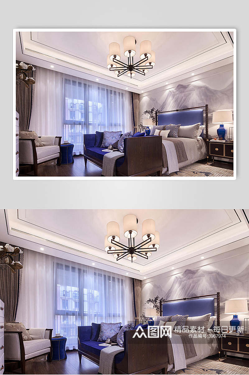 优雅清新吊灯窗帘卧室家装设计图片素材