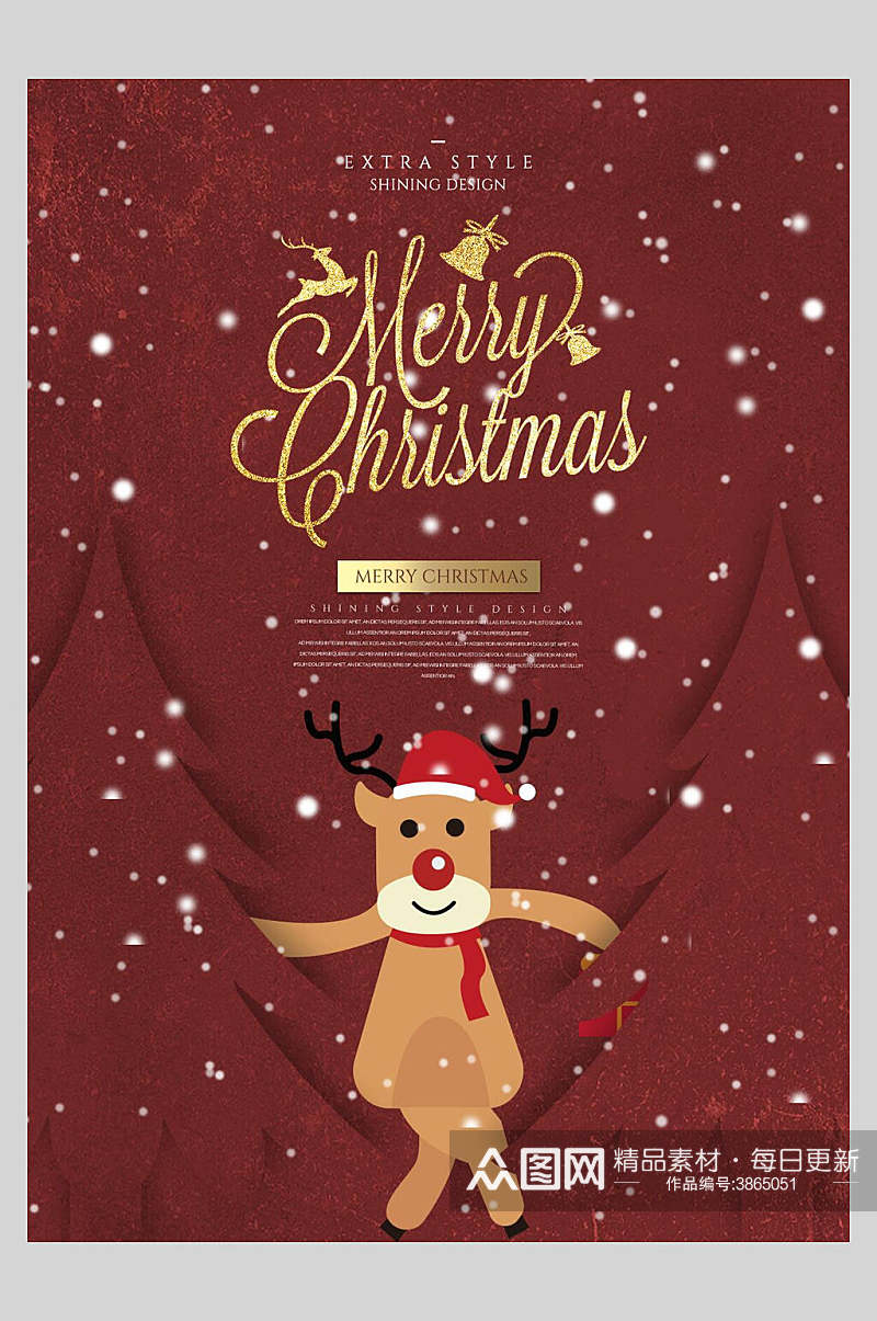 红色卡通麋鹿圣诞节插画海报素材