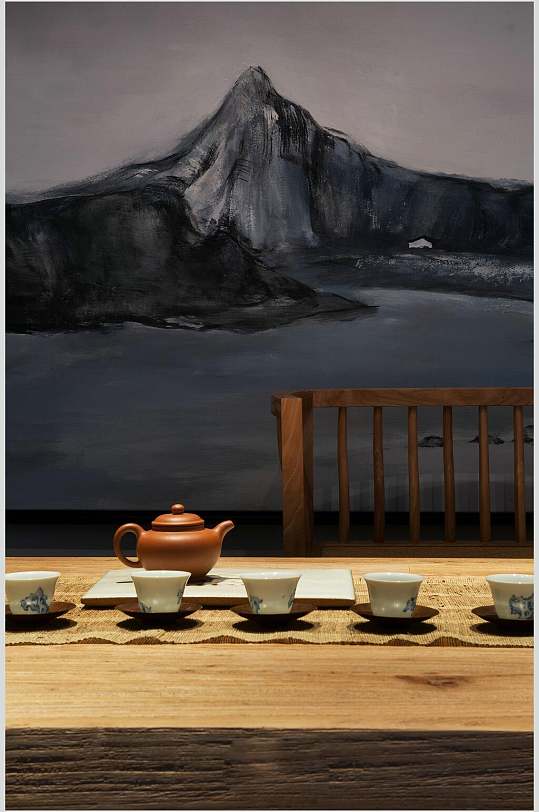 复古风水墨画背景木质茶几紫砂壶茶杯复古装修设计图片