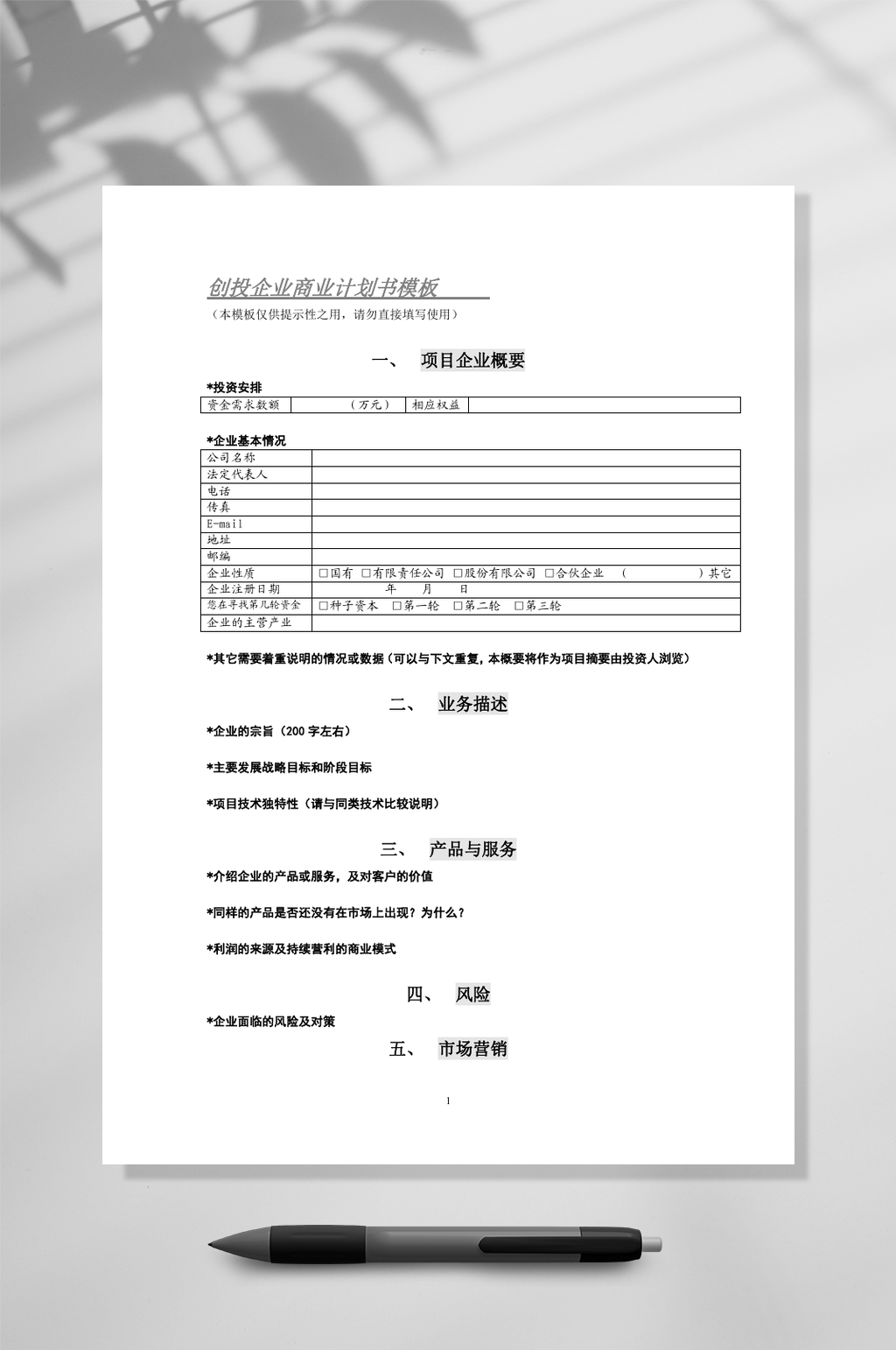 创投企业商业计划书模板素材