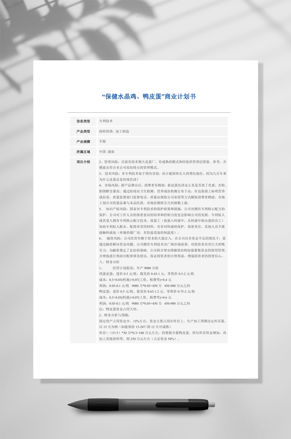 保健水晶鸡鸭皮蛋商业计划书WORD素材