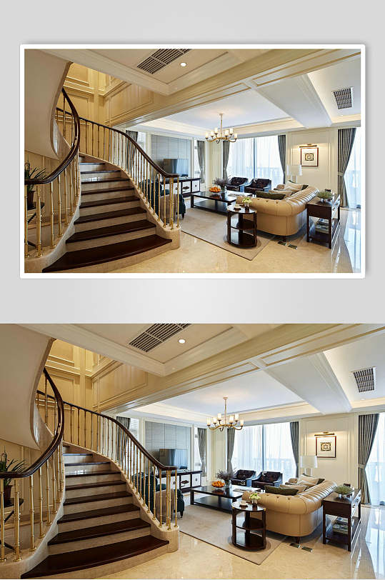 客厅楼梯实木方桌挂画复式跃层室内设计图片