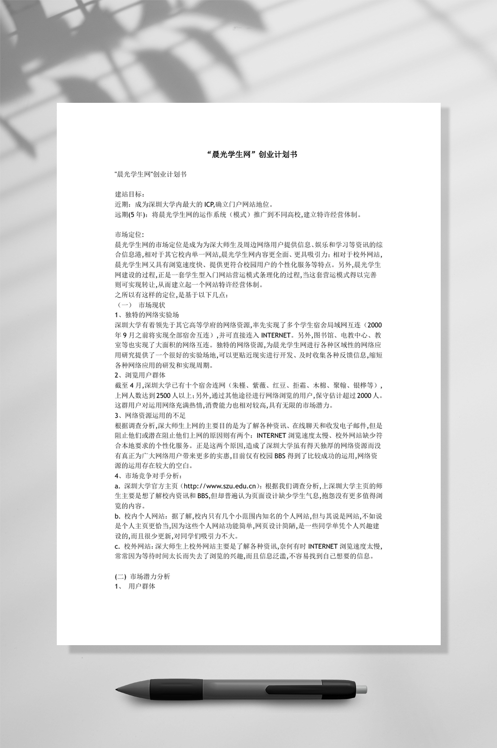晨光学生网创业计划书WORD素材