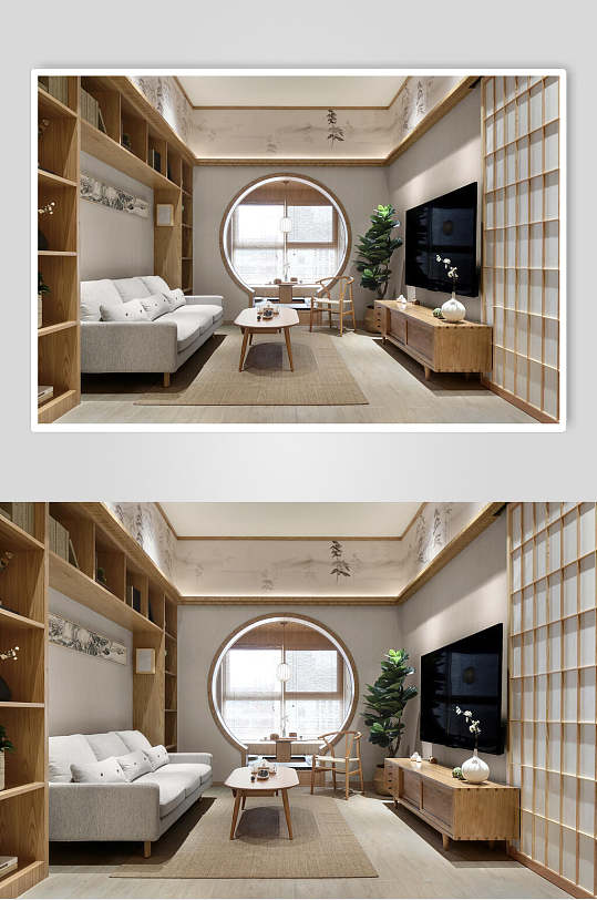 木质柜日式白色沙发电视背景墙设计图片