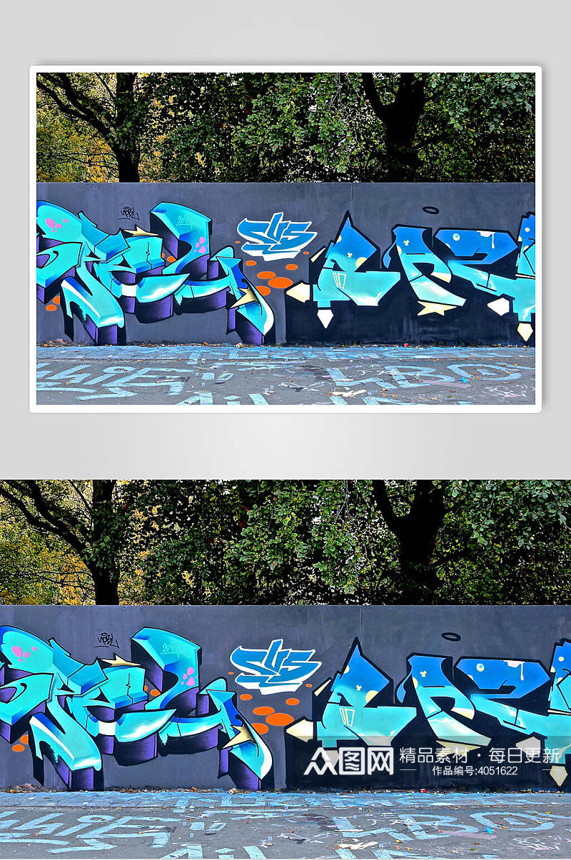 蓝色立体视觉街头墙面涂鸦图片素材