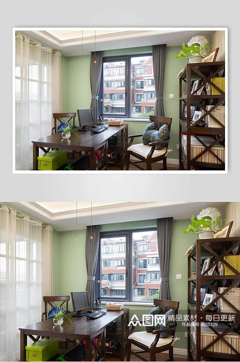 绿色墙面深色书桌书房美式三居图片素材