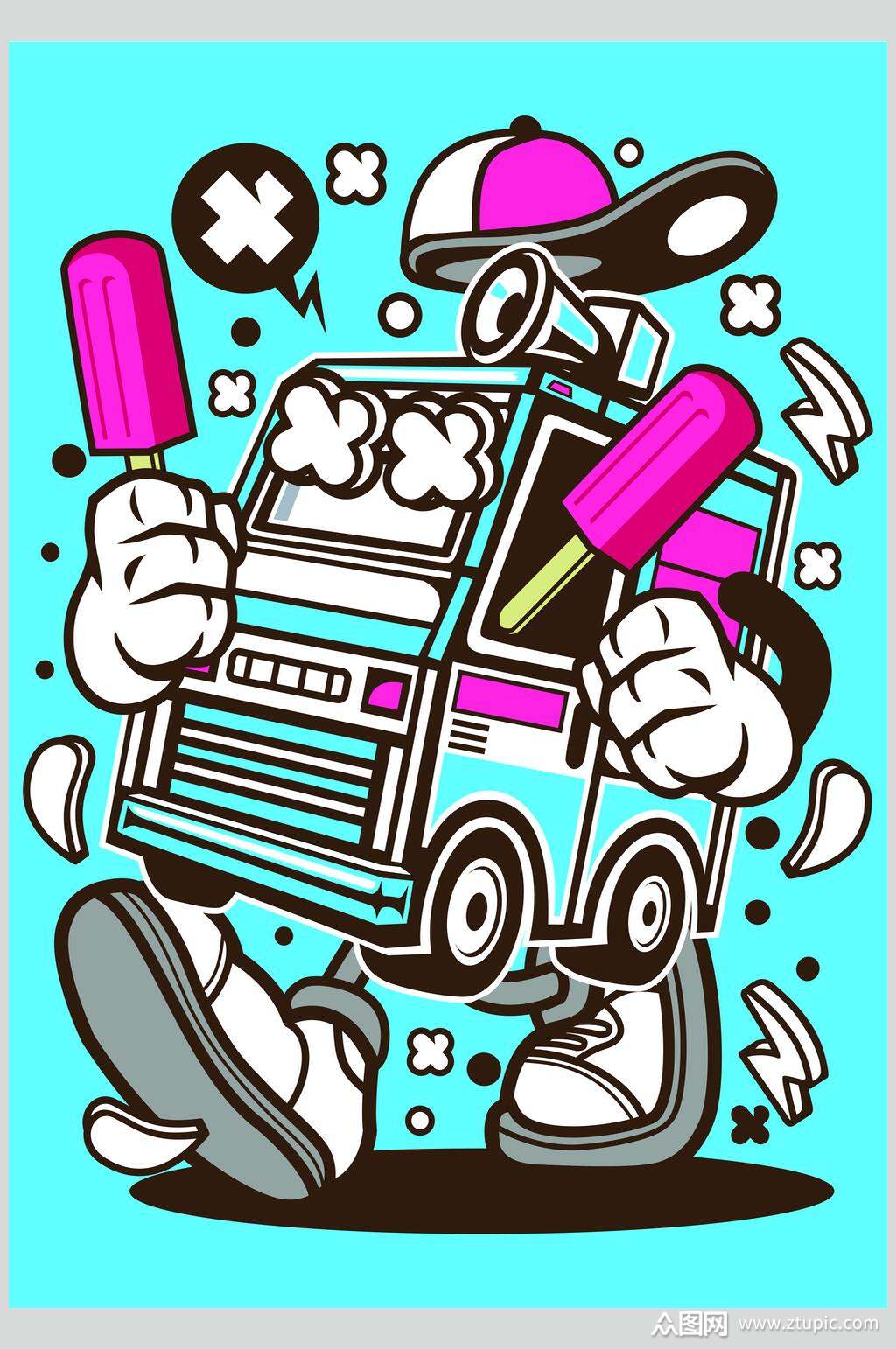 蓝色汽车人卡通动物人物插画素材素材