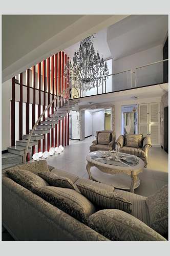 悬空楼梯水晶吊灯复式跃层室内设计图片
