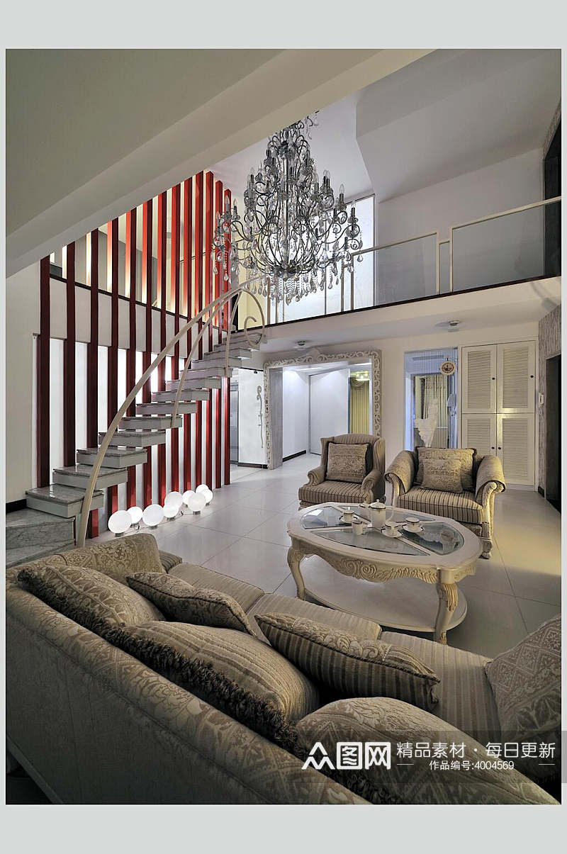 悬空楼梯水晶吊灯复式跃层室内设计图片素材