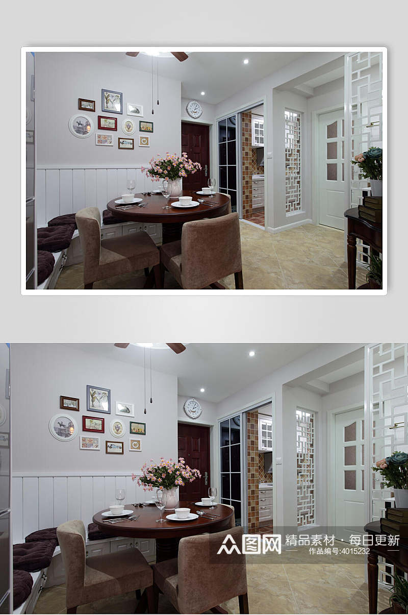 深色圆形餐桌白色镂空隔断美式二居室图片素材