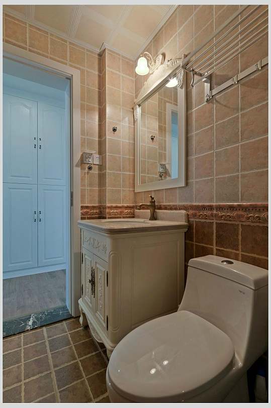 仿古砖卫生间白色浴室柜美式三居图片