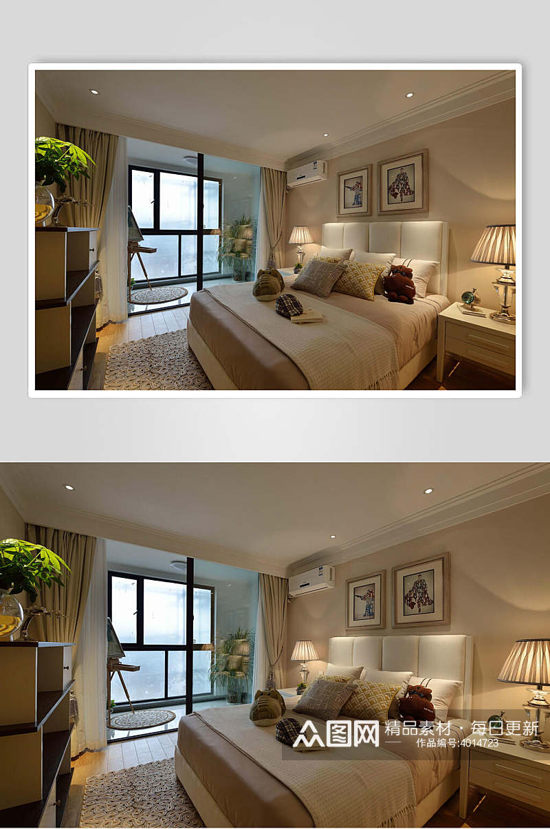 暖白色卧室绿植美式三居图片素材