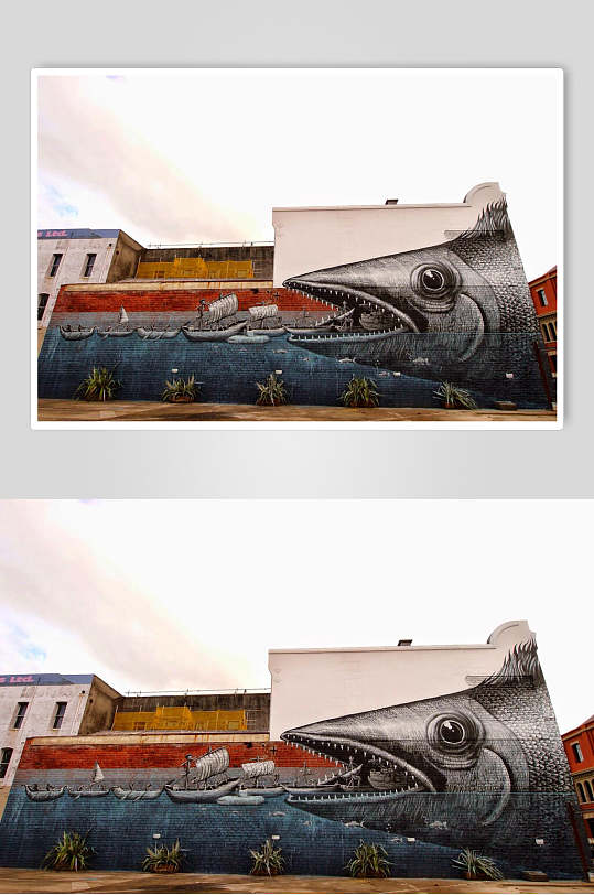 高端创意鱼眼牙齿街头墙面涂鸦图片