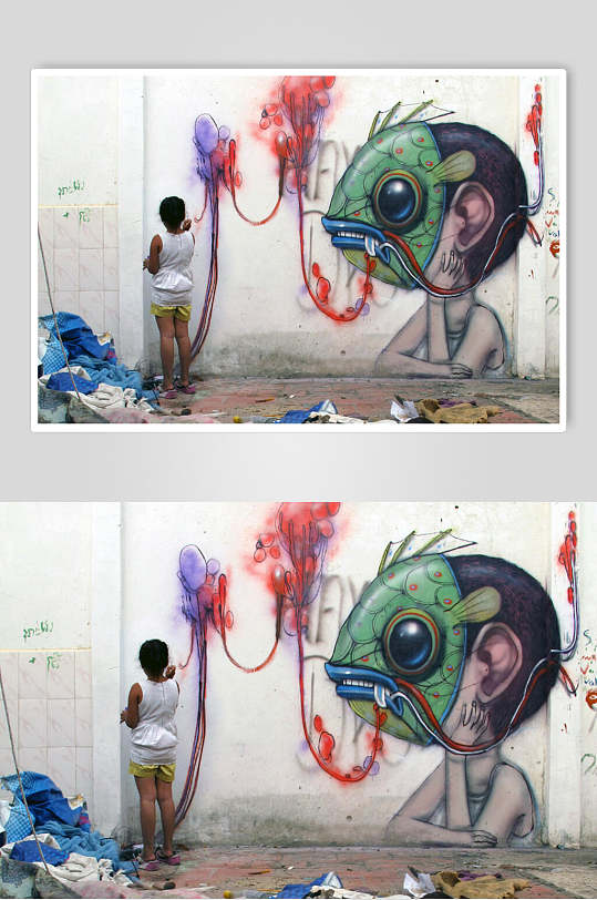 绿色鱼头面具街头墙面涂鸦图片