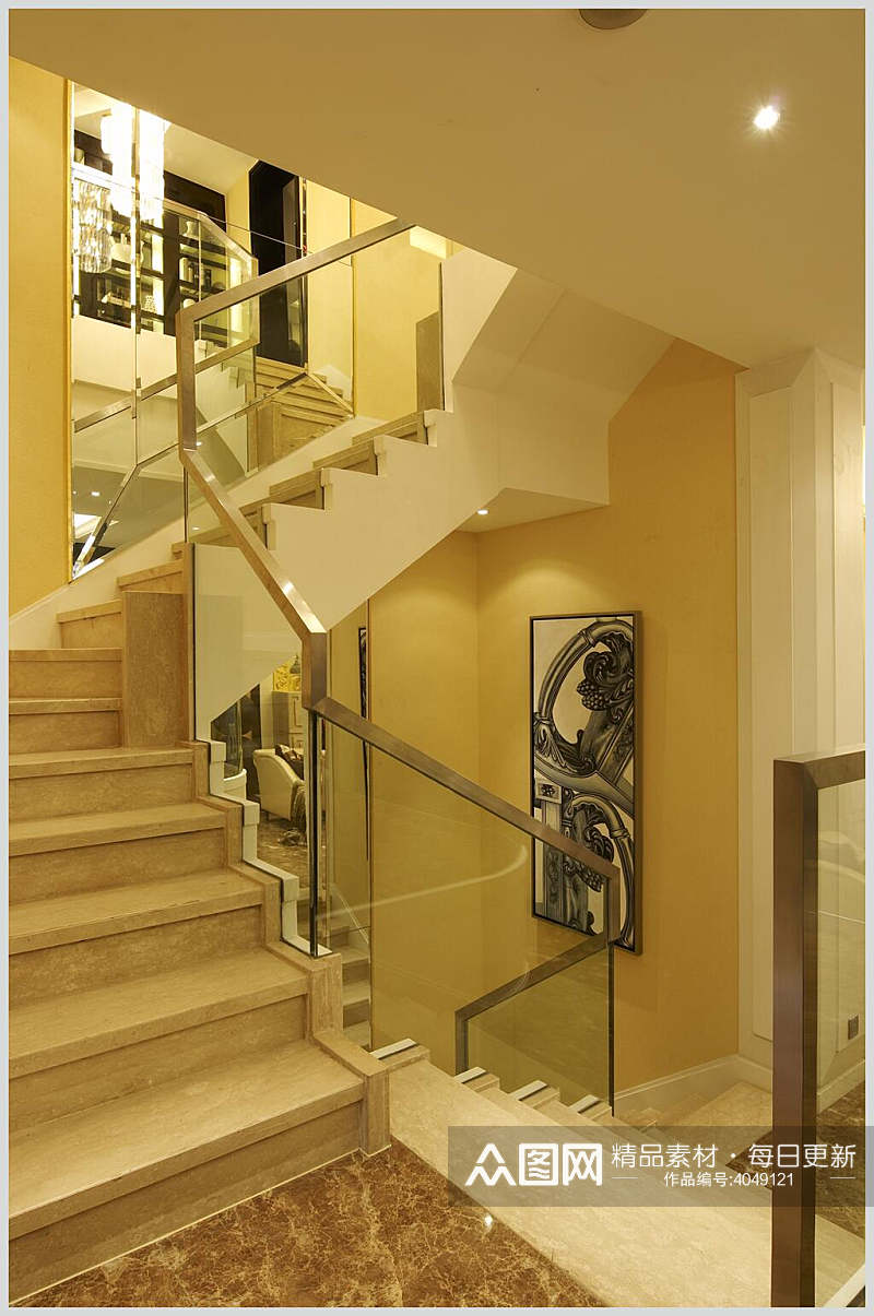 黄色大理石步梯欧式别墅图片素材