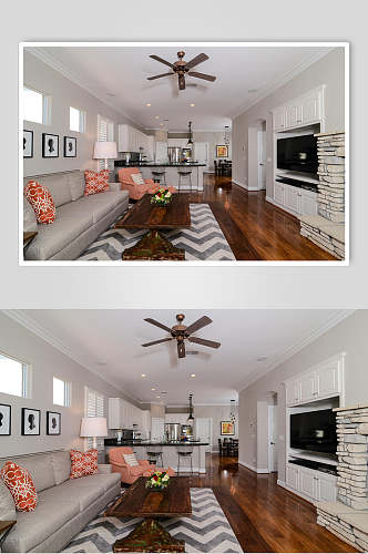白色墙面深色地板客厅美式风别墅图片