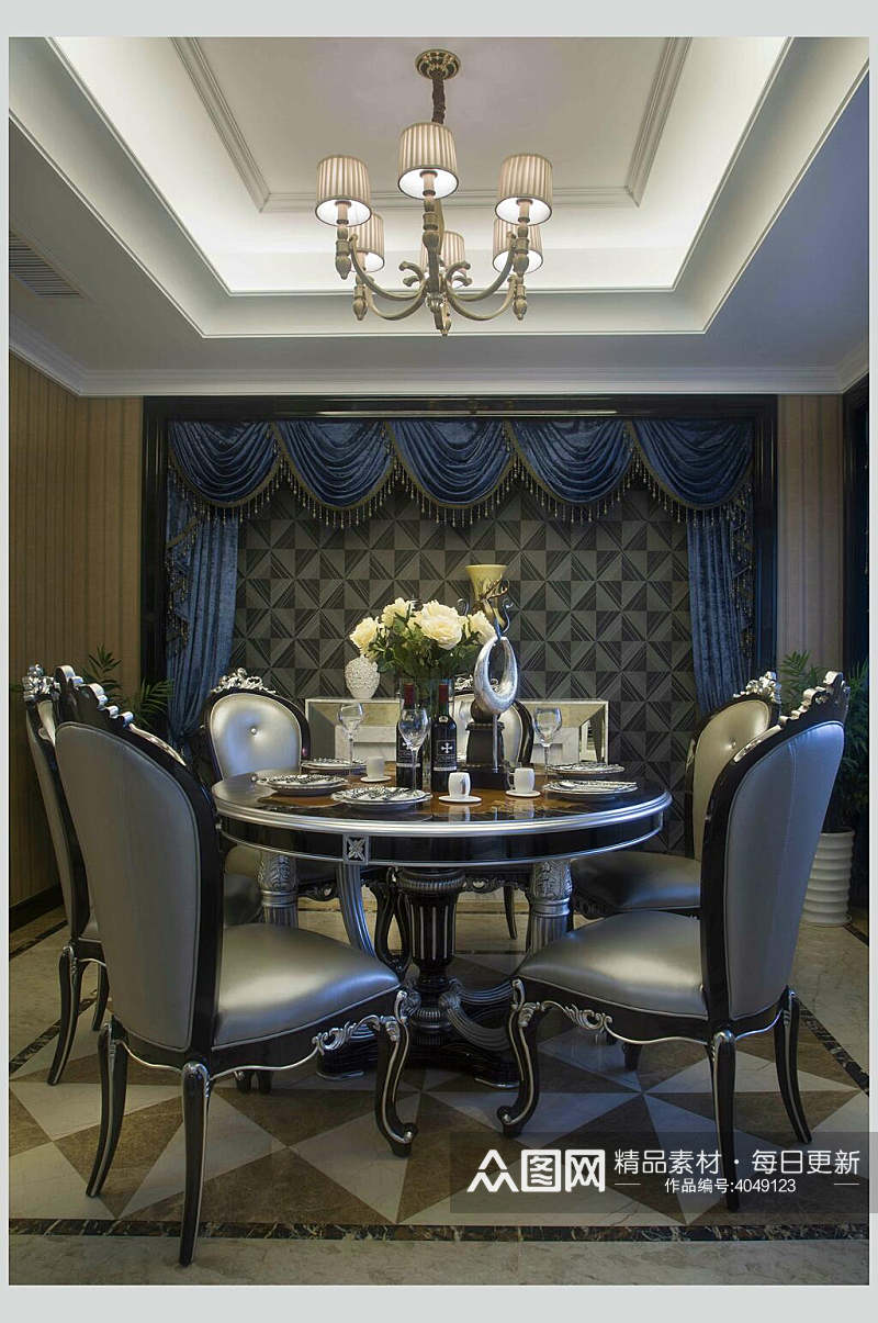 法式银色餐厅桌椅新古典大户型图片素材