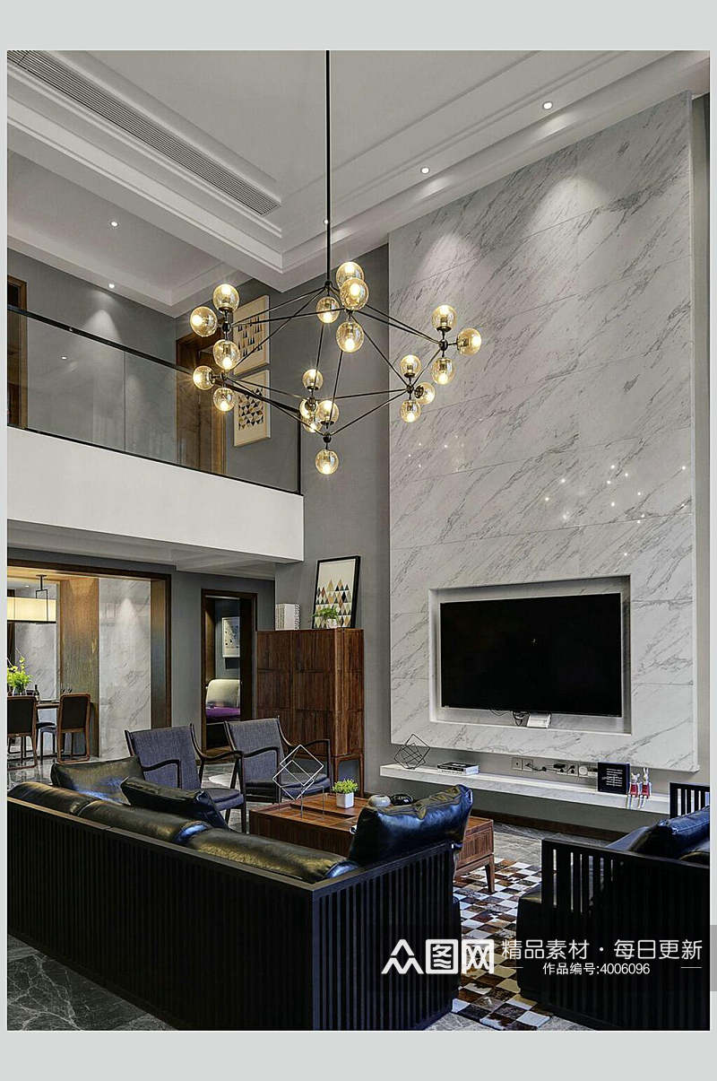 电视沙发吊灯高端创意客厅设计图片素材