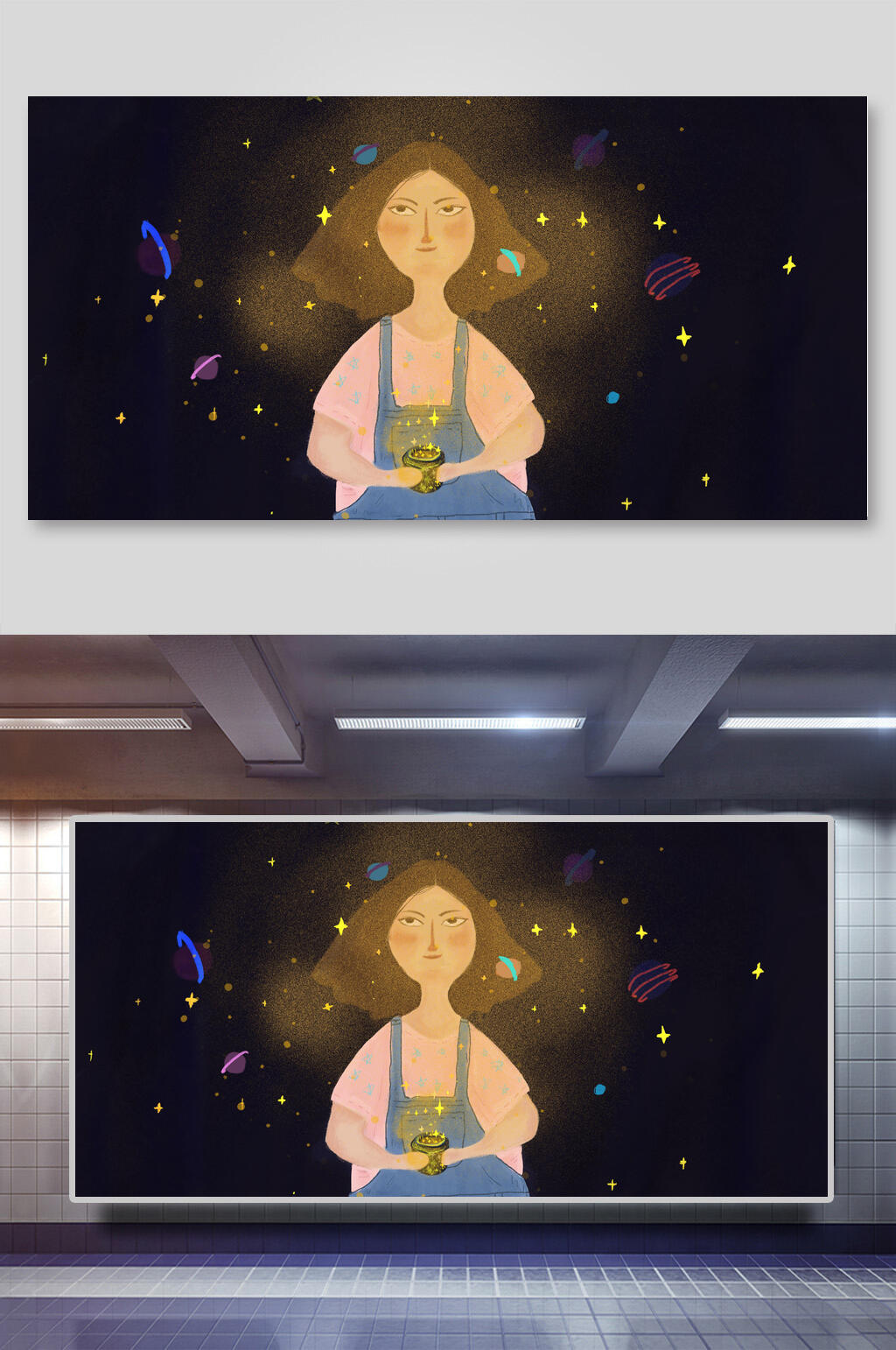 短发女孩梦幻唯美手绘插画素材