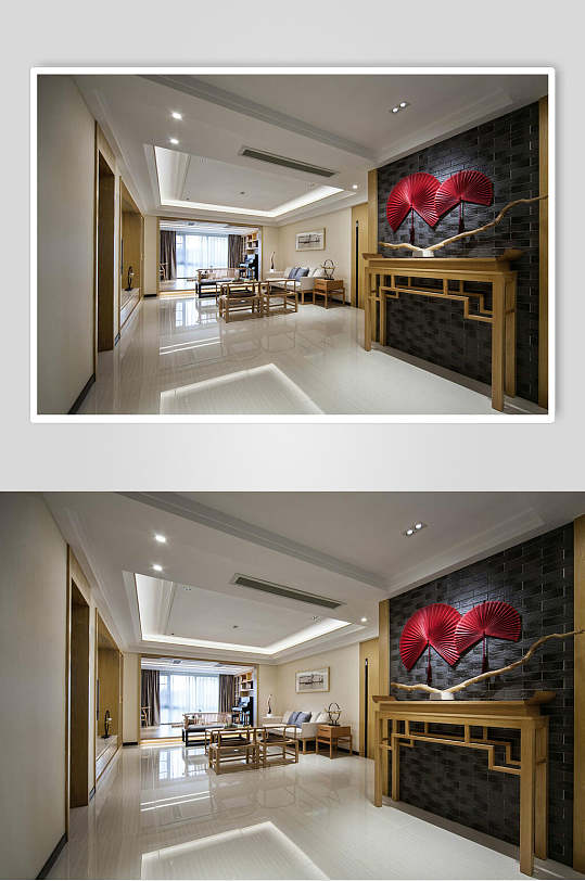 白色瓷砖红色墙扇新中式二居室图片
