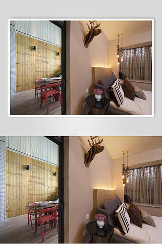 高端创意枕头鹿头挂饰餐厅装修图片