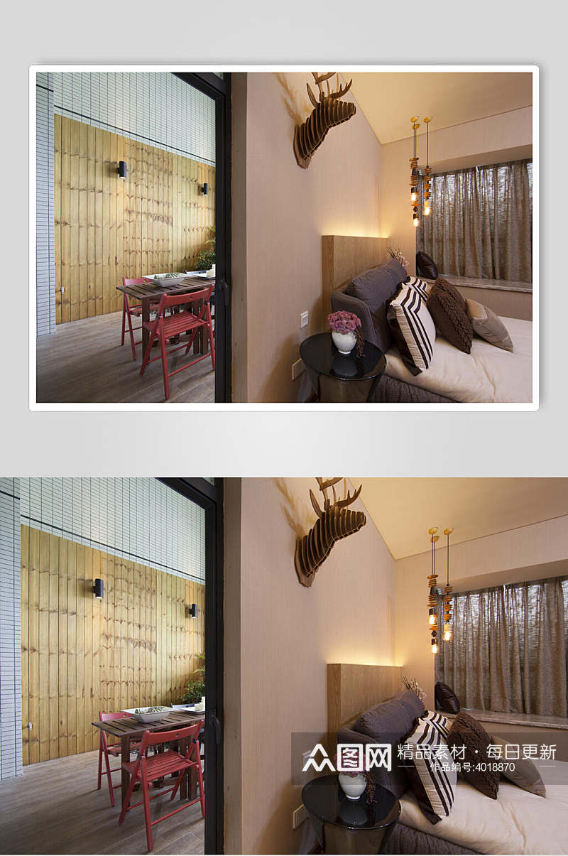 高端创意枕头鹿头挂饰餐厅装修图片素材